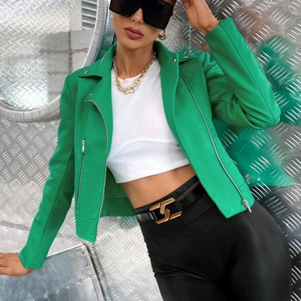 Zip Up PU Moto crop Jacket - Picture 4 of 8